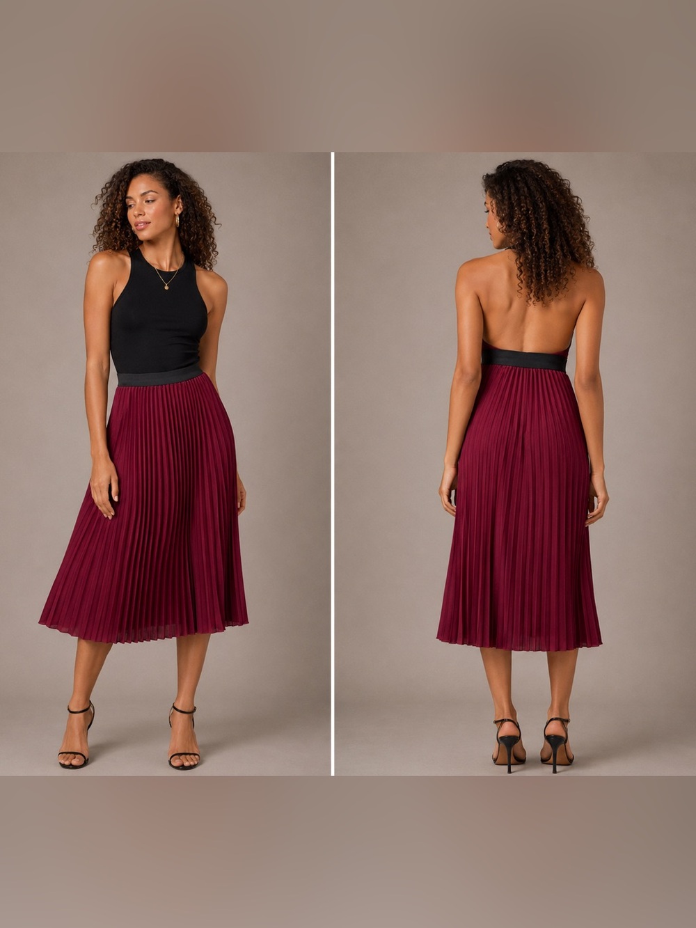 SHEIN Black Halter Top with Burgundy Pleated Maxi Skirt